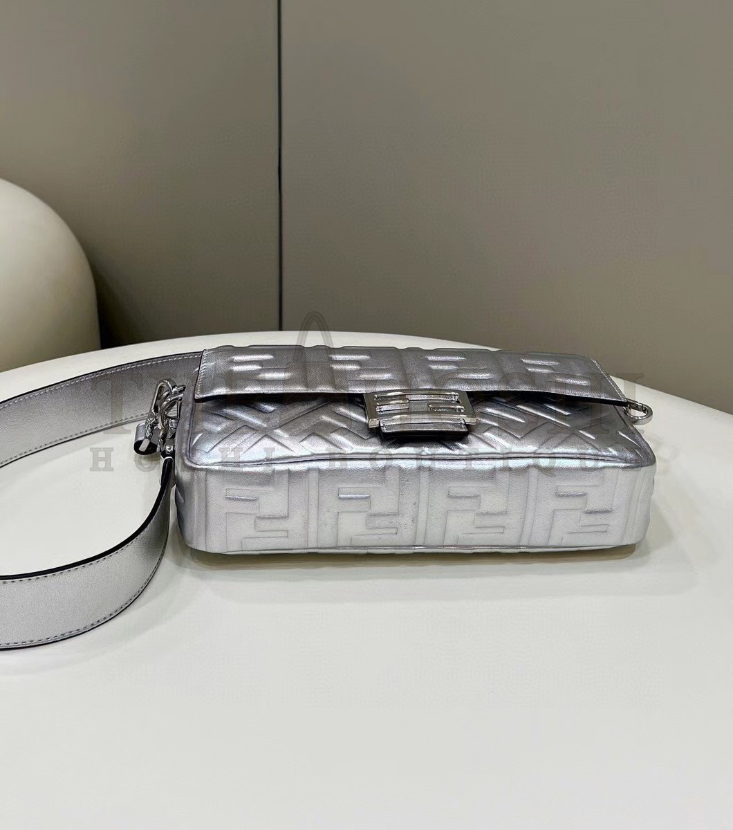 F**di Medium Baguette Bag In Silver FF Metallic Leather Master Quality
