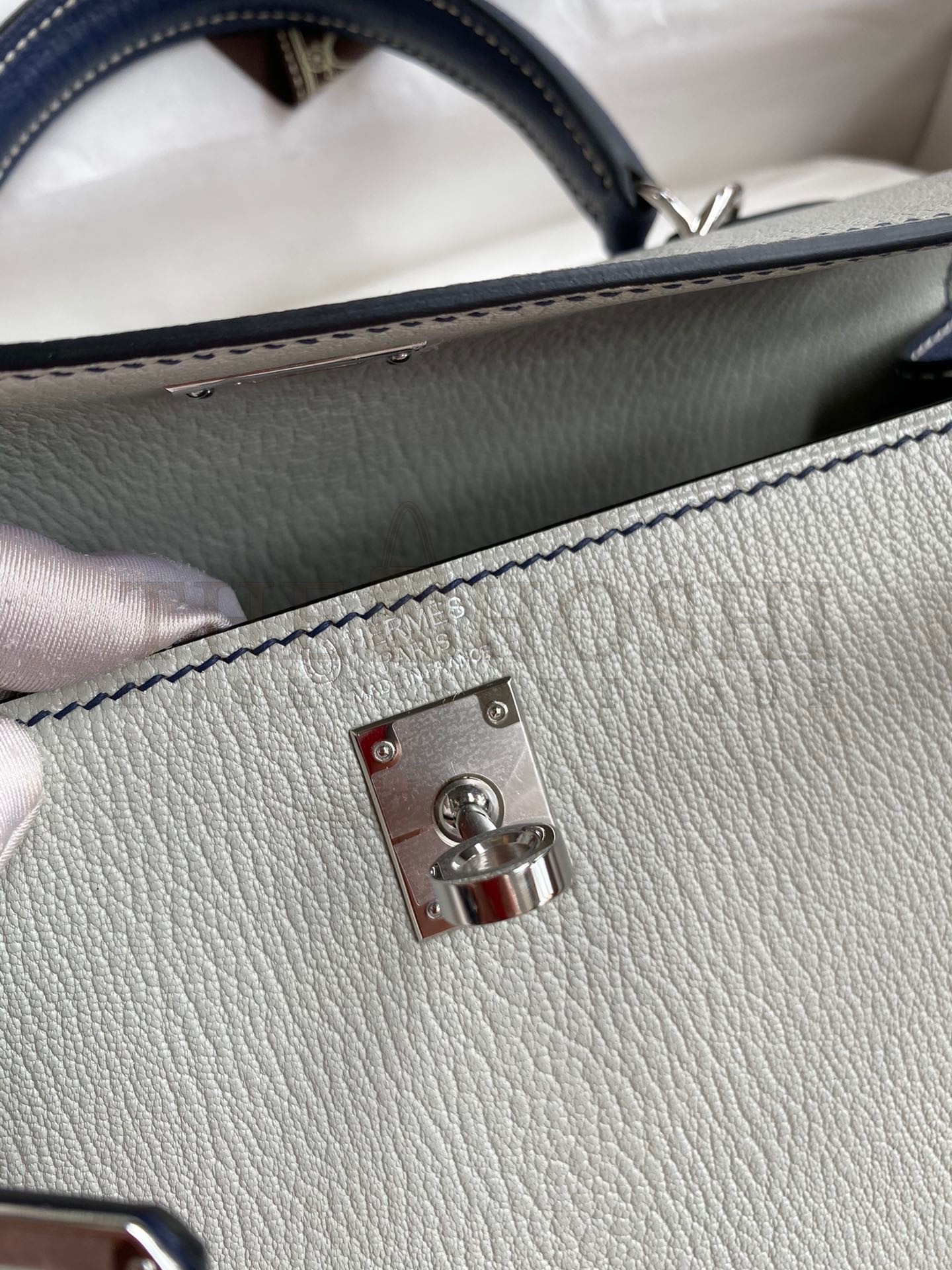 H**me5 Kelly Sellier 25 Bicolor Bag in Pearl Grey and Blue Mysore Goatskin Master Quality