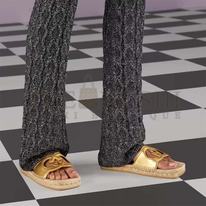 Gvc*1 Unisex Interlocking G Cut-Out Slide Sandals Metallic Gold Leather Flat 2 cm Heel Master Quality