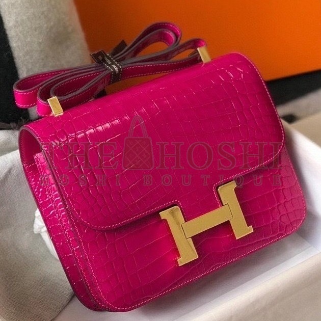 H**me5 Constance 24cm Bag In Rose Red Embossed Crocodile Master Quality
