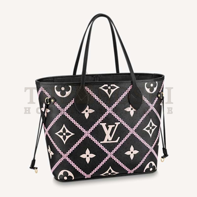 L0vis Vvtt0n LV Women Neverfull MM Tote Black Pink Grained Cowhide Leather Master Quality
