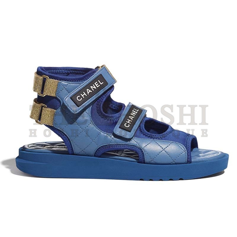 Ch**el Women Sandals Goatskin Fabric &amp; TPU Blue Dark Blue &amp; Black Master Quality