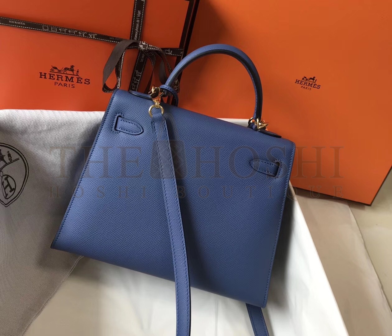 H**me5 Kelly 25cm Sellier Bag In Agate Blue Epsom Leather Master Quality