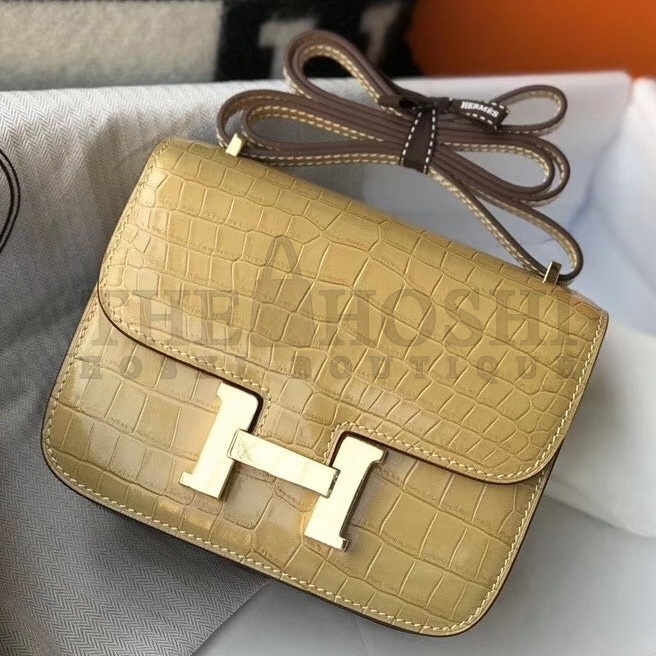 H**me5 Constance 18cm Bag In Jaune Poussin Embossed Crocodile Master Quality
