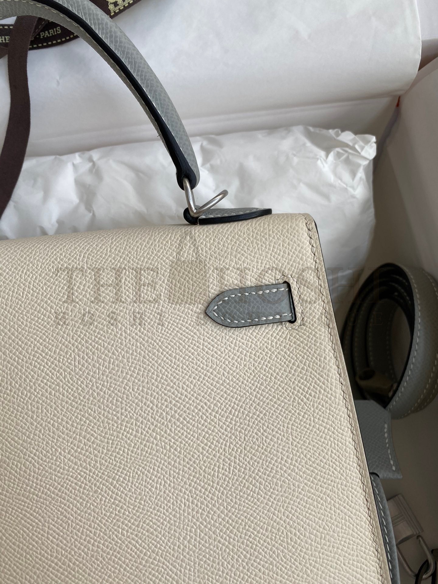H**me5 Kelly Sellier 25 Bicolor Bag in Craie and Gris Mouette Epsom Calfskin Master Quality