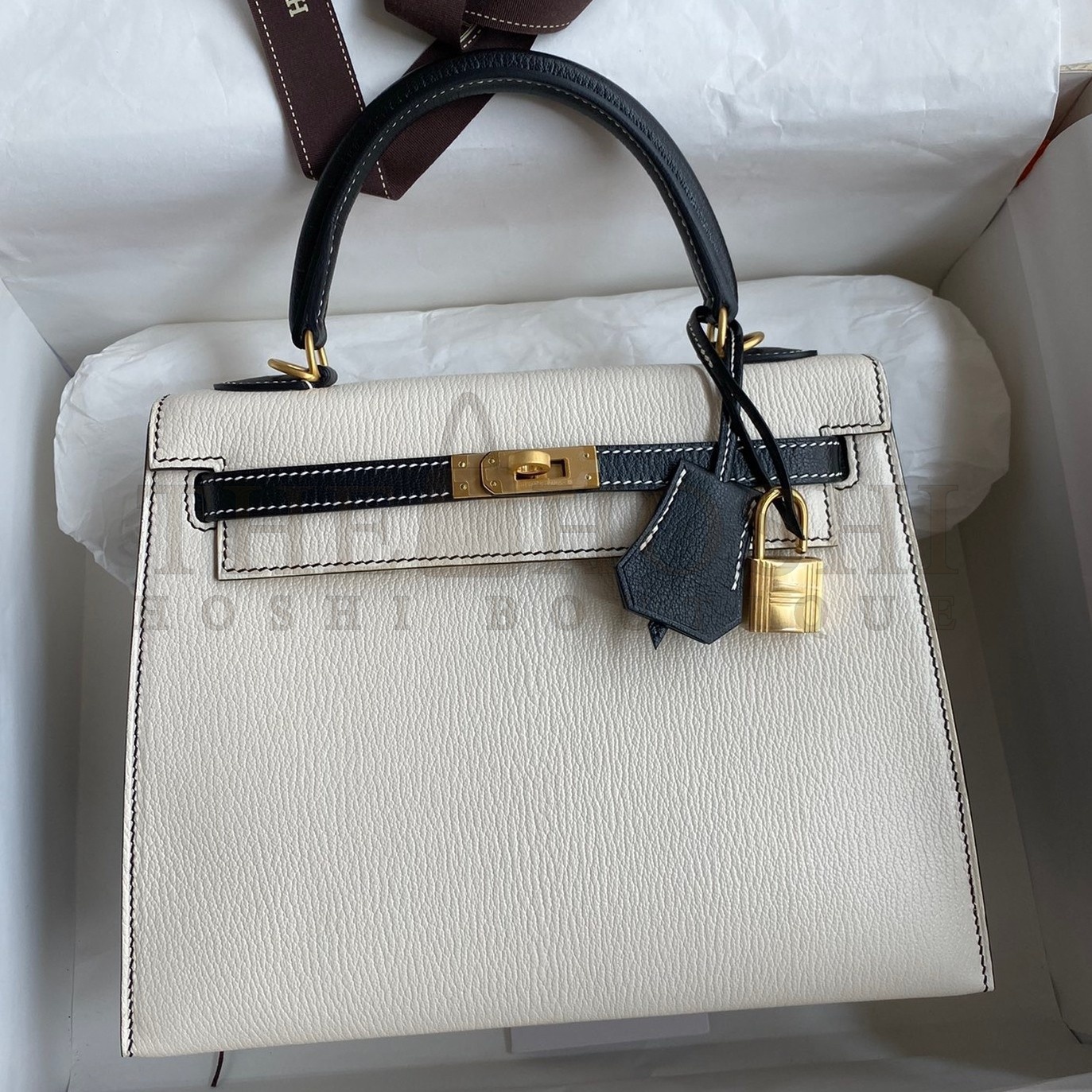 H**me5 Kelly Sellier 25 Bicolor Bag in White and Black Mysore Goatskin Master Quality