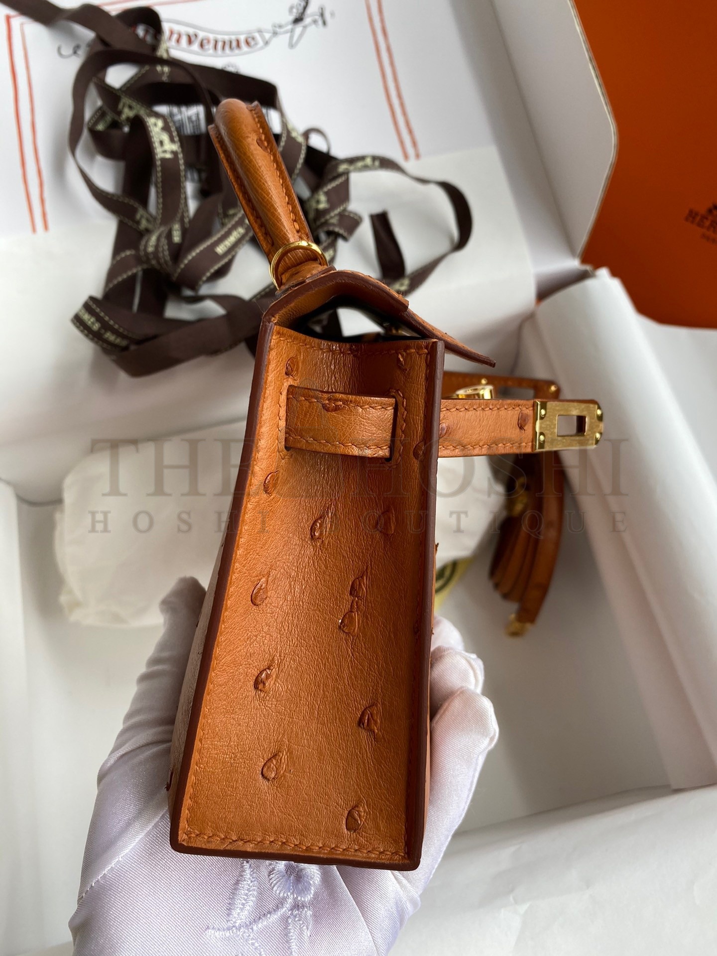 H**me5 Kelly Mini II Sellier Handmade Bag In Gold Ostrich Leather Master Quality