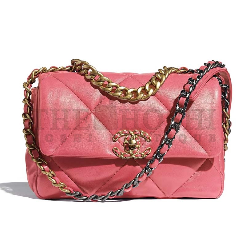Ch**el Women 19 Flap Bag Lambskin Gold Silver-Tone &amp; Ruthenium-Finish Metal Coral Master Quality
