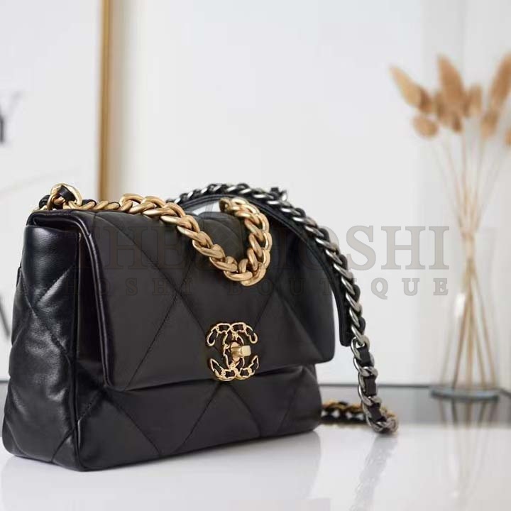 Ch**el Women 19 Handbag Lambskin Gold Silver-Tone Ruthenium-Finish Metal Black Master Quality