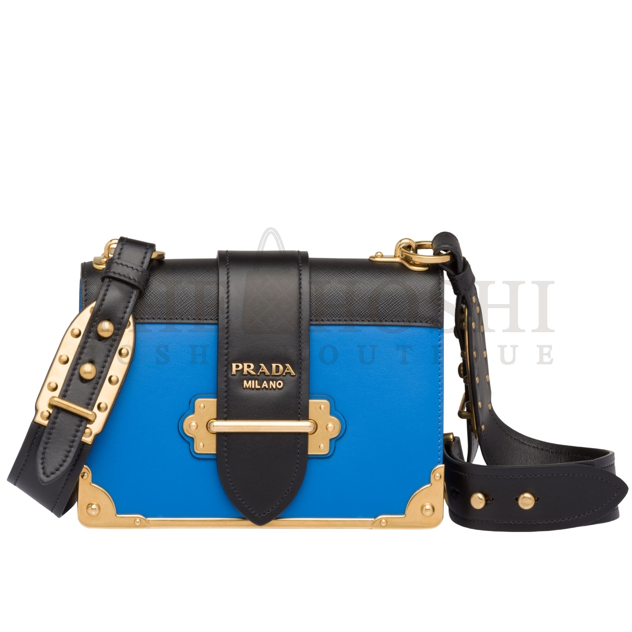 Pra*a Cahier Shoulder Bag In Blue Hydra /Black Leather Master Quality