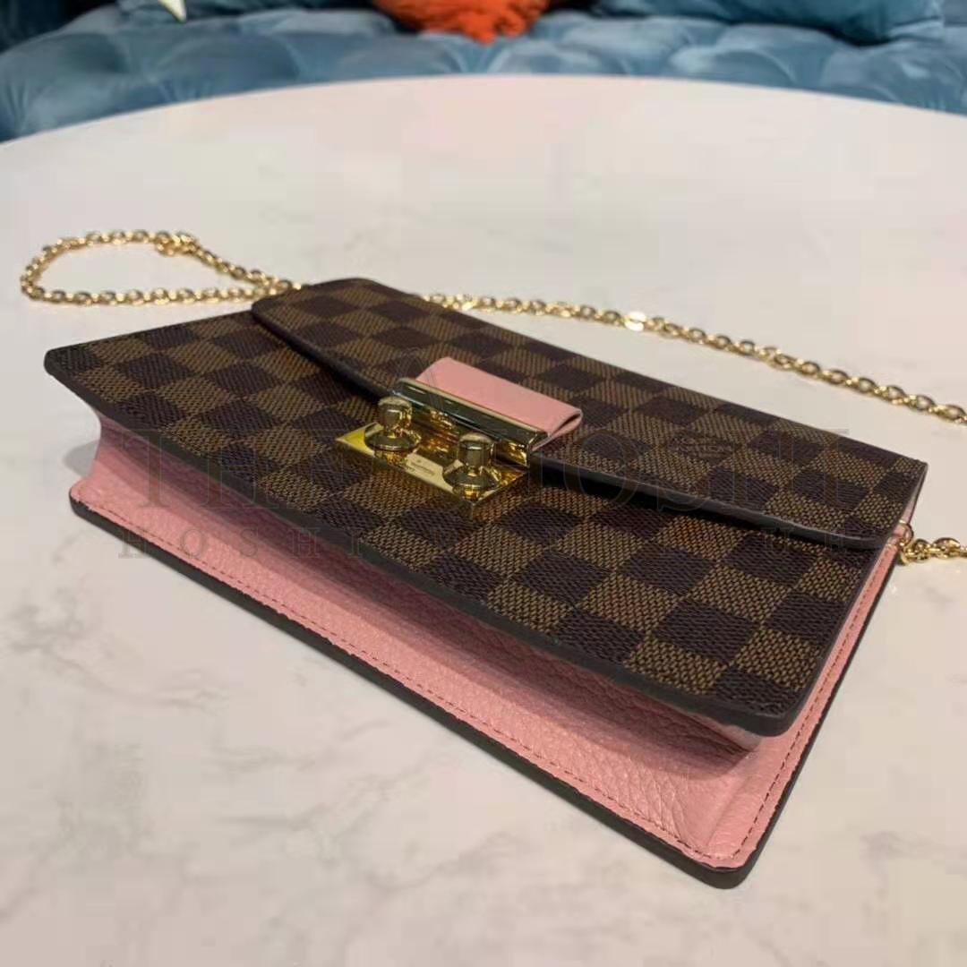 L0vis Vvtt0n LV Women Croisette Chain Wallet Magnolia Pink Damier Ebene Coated Canvas Master Quality