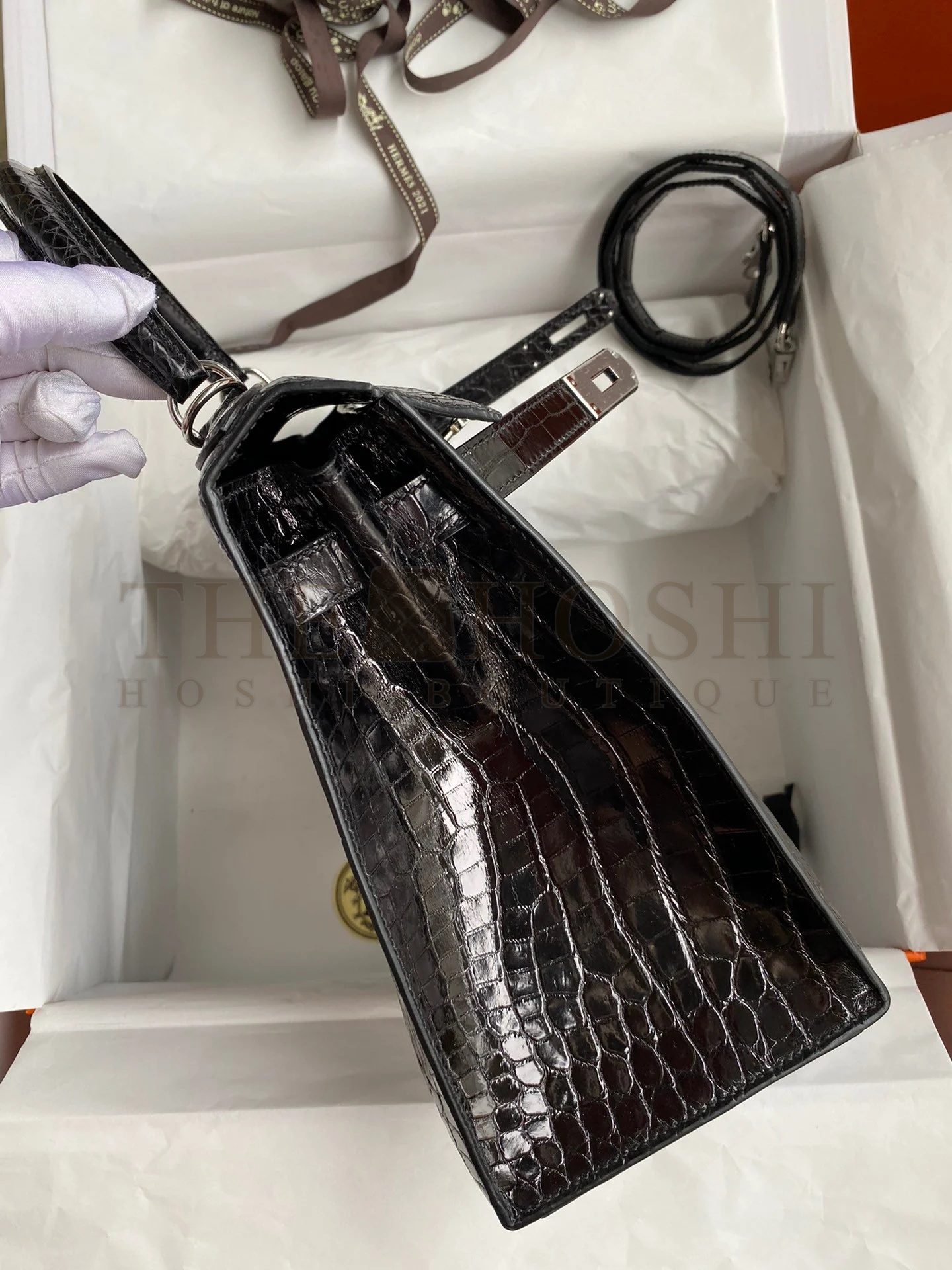 H**me5 Kelly Sellier 28 Handmade Bag In Black Crocodile Niloticus Shiny Skin Master Quality