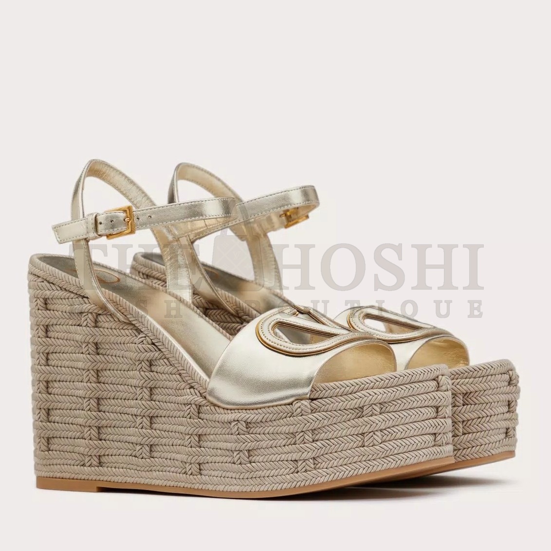 Va1e*ntin0 VLogo Cut-out Espadrille Wedge Sandals in Gold Metallic Leather Master Quality