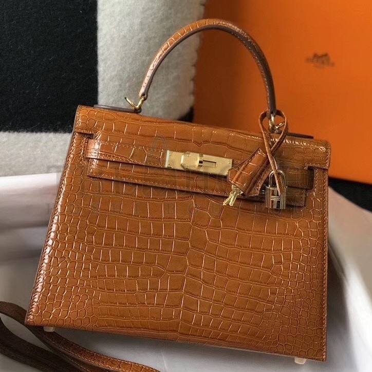 H**me5 Kelly 28cm Bag In Brown Embossed Crocodile GHW Master Quality