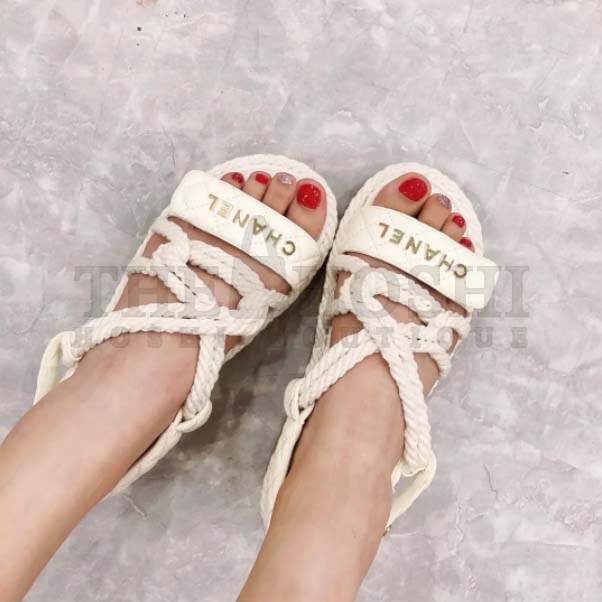 Ch**el Women CC Cotton Tweed White Sandals Calfskin Leather Cotton 1 CM Heel Master Quality