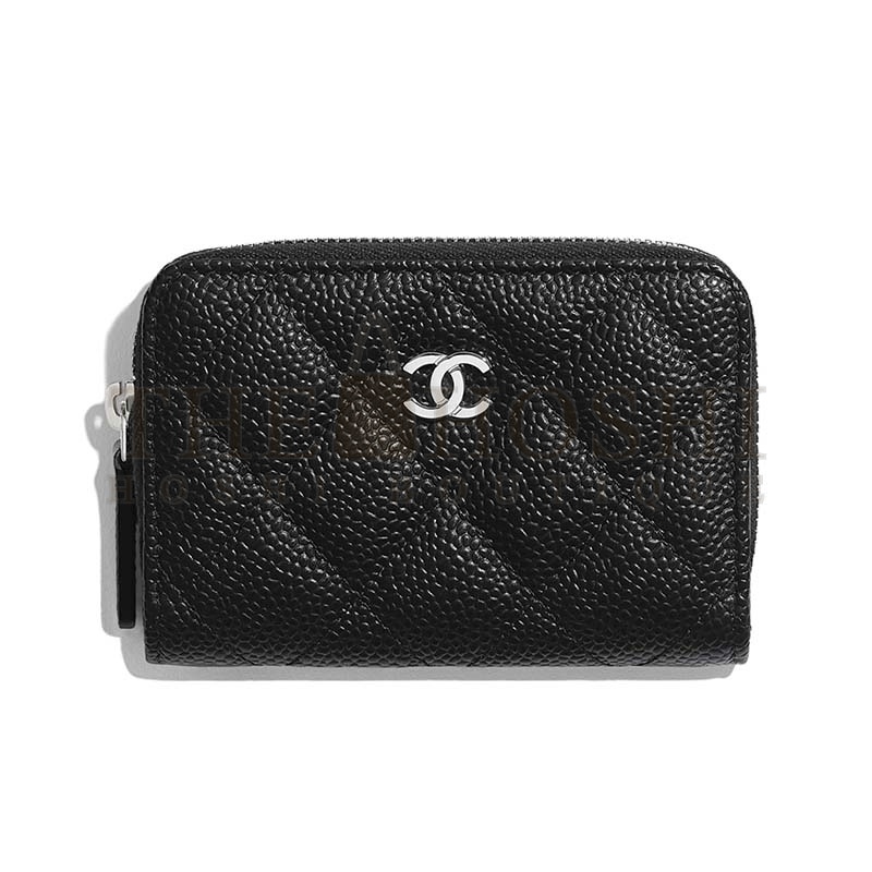 Ch**el Women Classic Zipped Coin Purse in Grained Calfskin &amp; Silver-Tone Metal-Black Master Quality