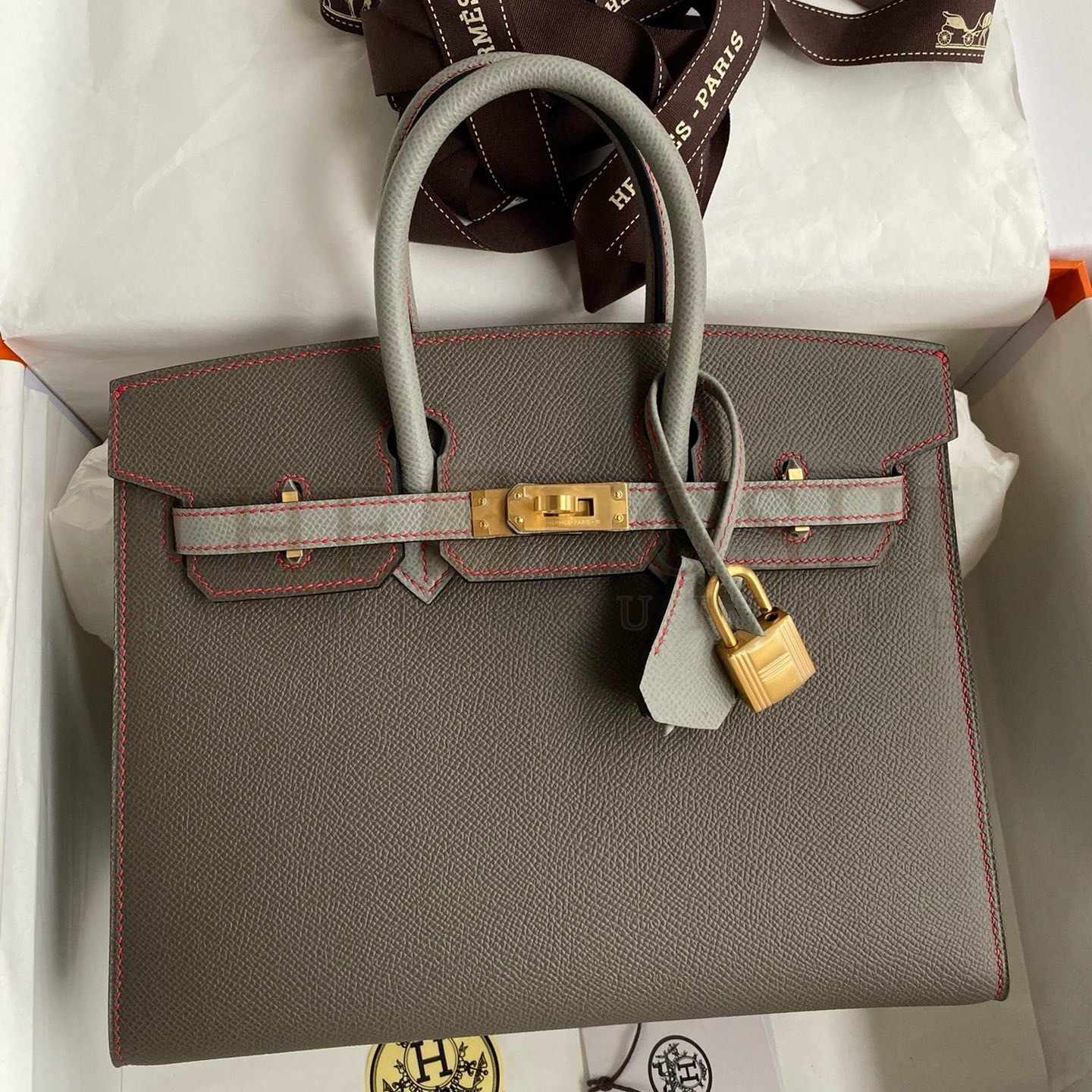 H**me5 HSS Birkin 25 Sellier Bag in Etain and Gris Mouette Epsom Calfskin Master Quality