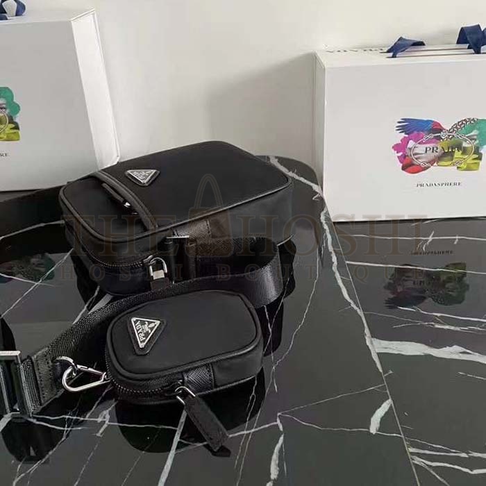 Pra*a Unisex Re-Nylon Saffiano Shoulder Bag Black Zipper Closure Fabric Leather Master Quality