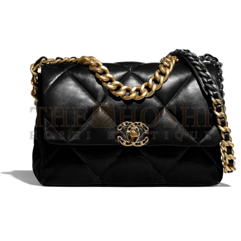 Ch**el Women 19 Large Handbag Black Lambskin Gold Silver-Tone Ruthenium-Finish Metal Master Quality