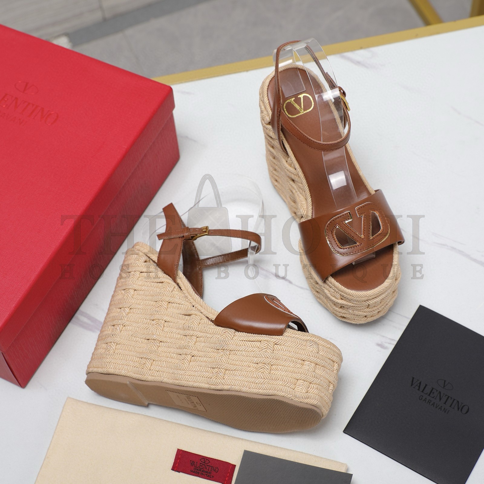 Va1e*ntin0 VLogo Cut-out Espadrille Wedge Sandals in Brown Leather Master Quality