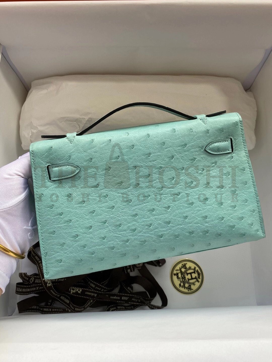 H**me5 Aqua Kelly Pochette Ostrich Handmade Bag Master Quality