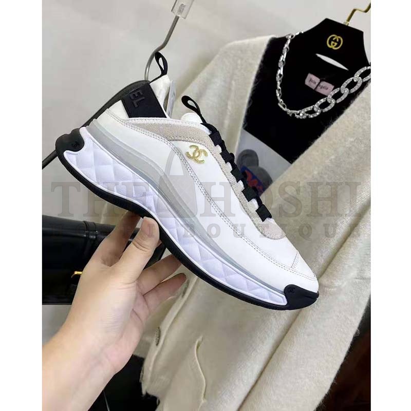 Ch**el Women Sneakers Suede Calfskin Nylon &amp; Grosgrain White Gray &amp; Yellow Master Quality