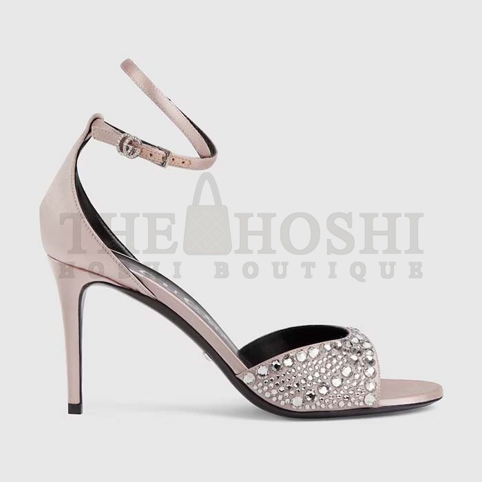 Gvc*1 Women G2 Mid-Heel Sandals Crystals Silver Satin 8 CM Heel Double G Master Quality