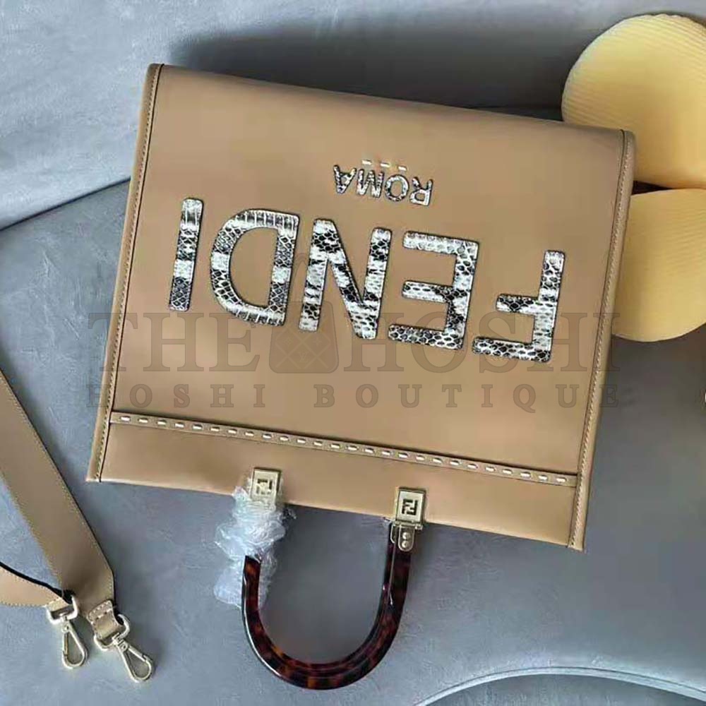 F**di Women Sunshine Medium Light Brown Leather and Elaphe Shopper Bag Master Quality