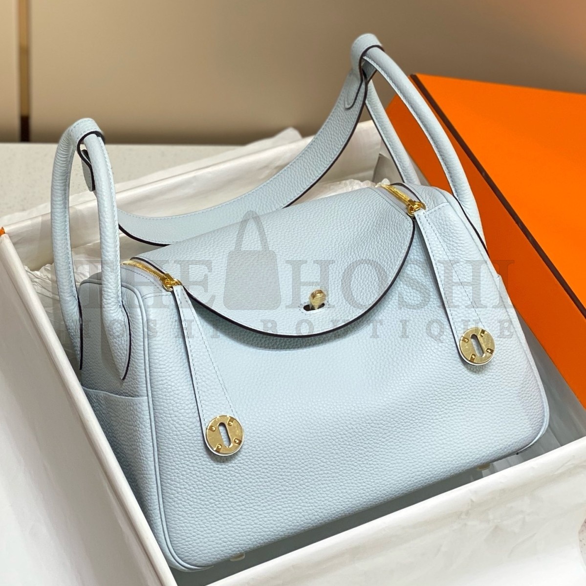 H**me5 Lindy 30cm Bag In Blue Brume Clemence Leather GHW Master Quality