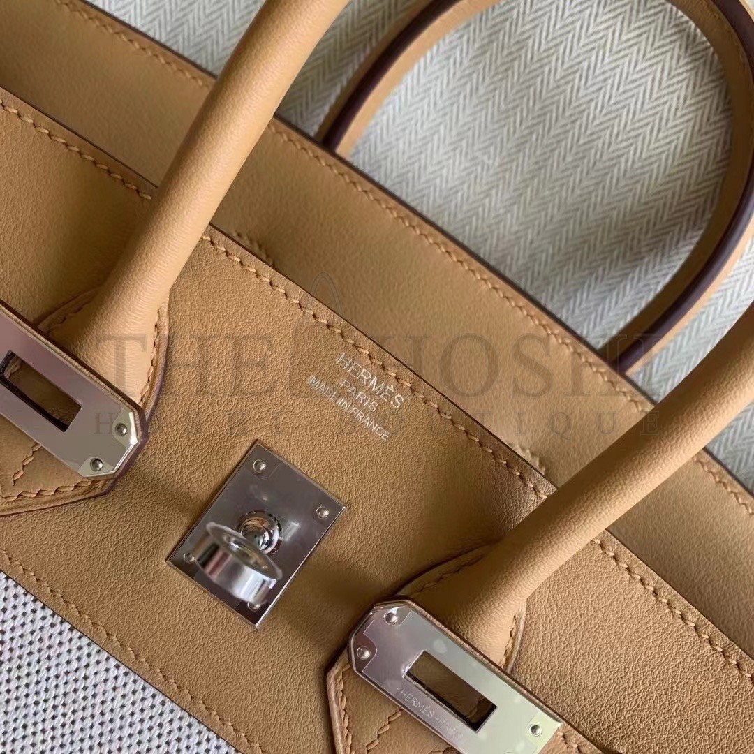 H**me5 Birkin 25 Handmade Bag In Toile &amp; Biscuit Swift Leather Master Quality