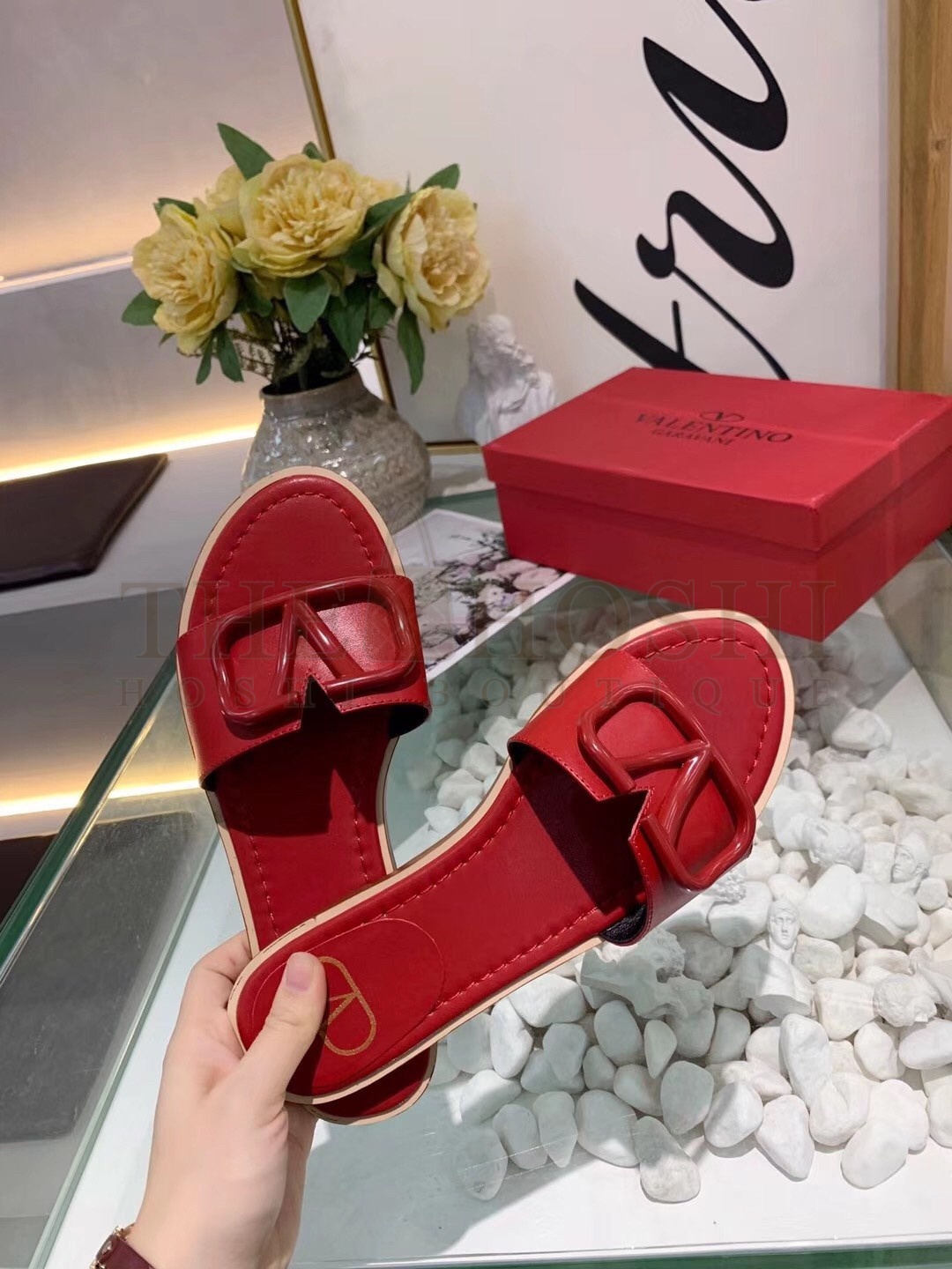 Va1e*ntin0 Vlogo Flat Slide Sandals In Red Calfskin Master Quality
