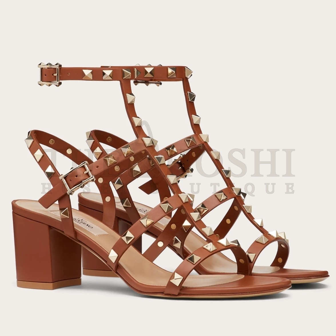 Va1e*ntin0 Rockstud Ankle Strap Sandals 60mm In Brown Calfskin Master Quality