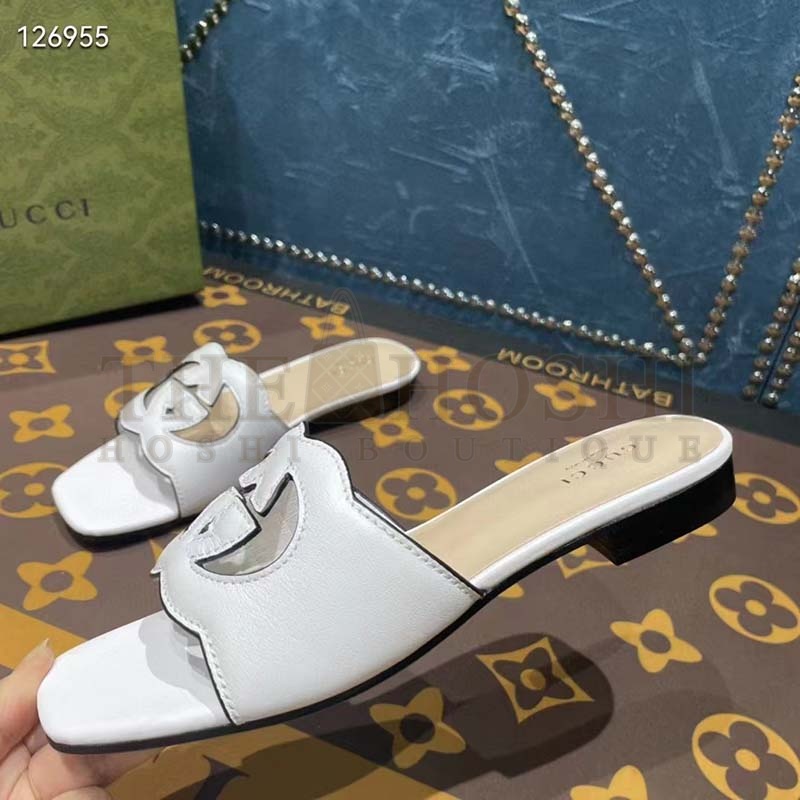 Gvc*1 Unisex Interlocking G Cut-Out Slide Sandals White Leather Flat 1 cm Heel Master Quality