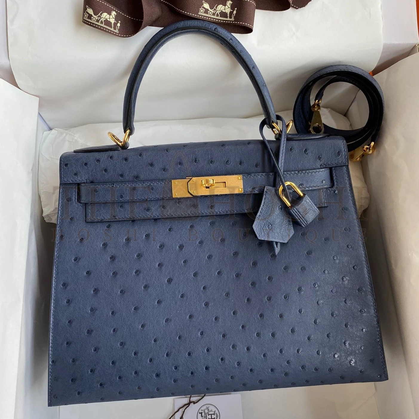 H**me5 Kelly Sellier 28 Handmade Bag In Blue Iris Ostrich Leather Master Quality