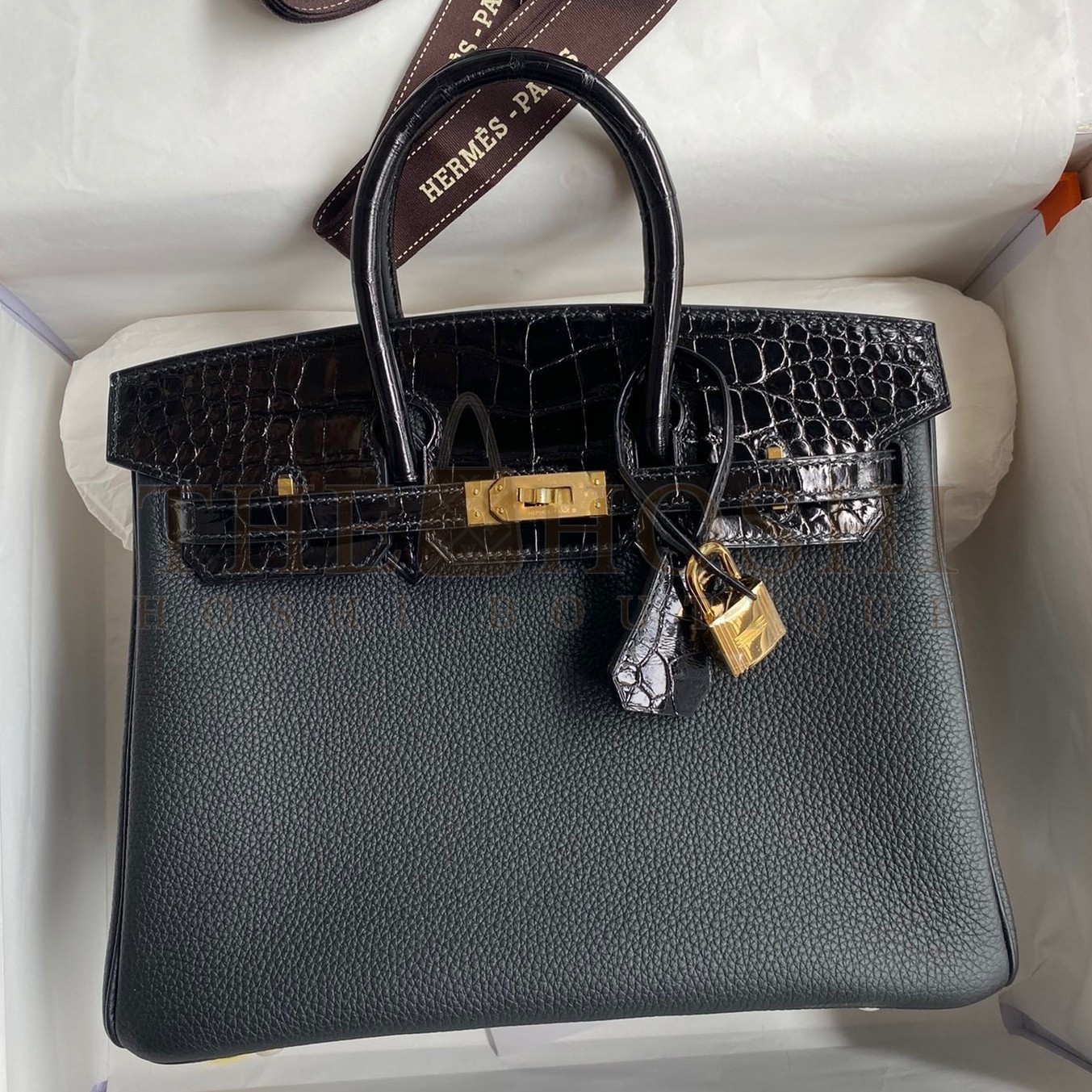 H**me5 Touch Birkin 25 Bag in Black Togo and Shiny Alligator Leather Master Quality