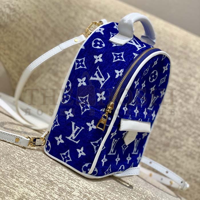 L0vis Vvtt0n LV Unisex Palm Springs Mini Backpack Blue Monogram Velvet Jacquard Master Quality