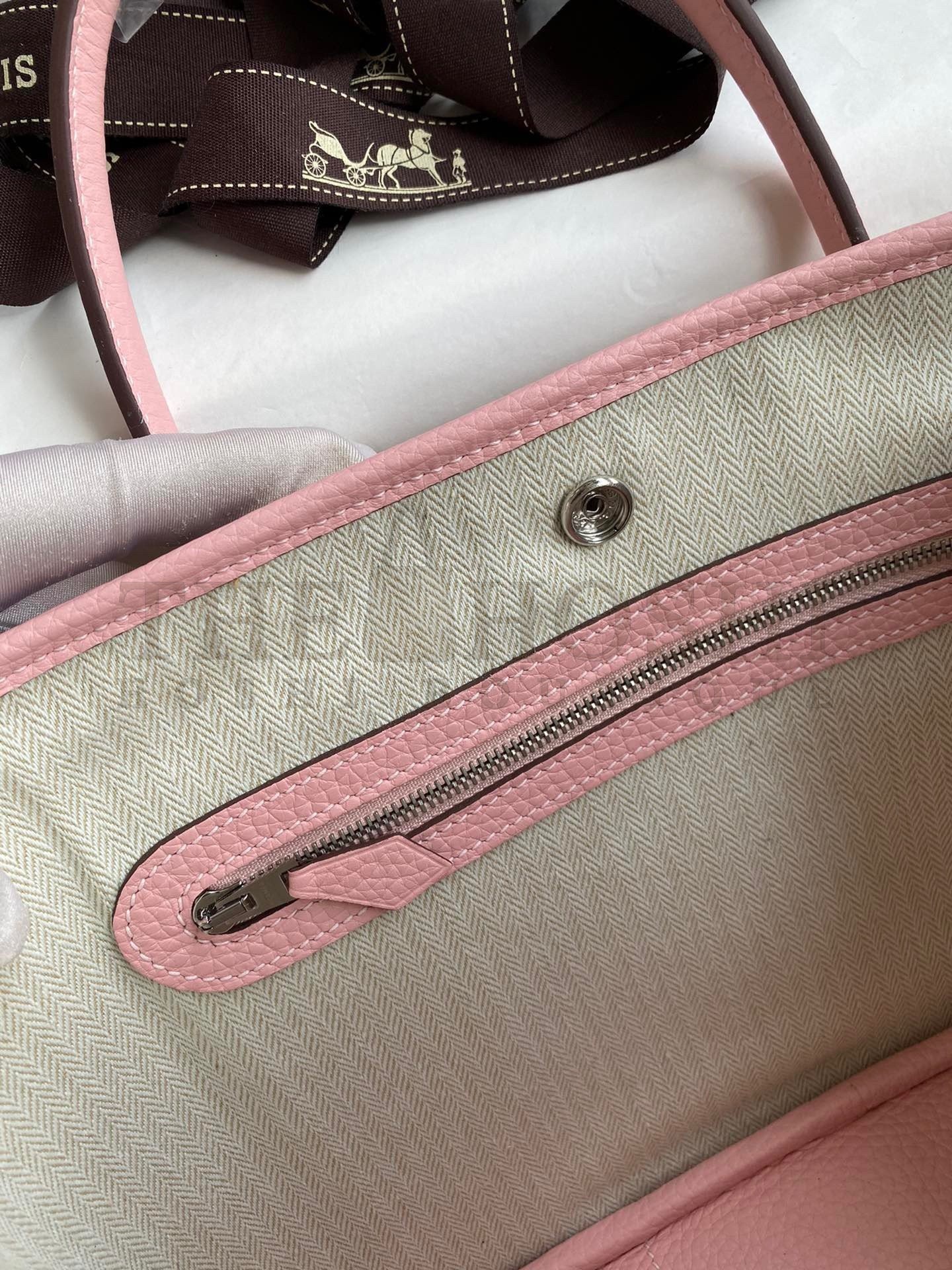 H**me5 Garden Party 30 Handmade Bag in Toile and Pink Leather Master Quality