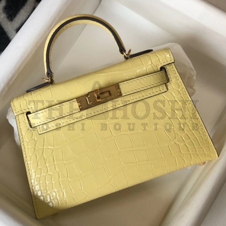 H**me5 Kelly Mini II Bag In Jaune Poussin Embossed Crocodile Calfskin Master Quality