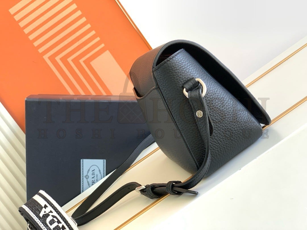 Pra*a Flap Shoulder Bag in Black Grained Leather Master Quality