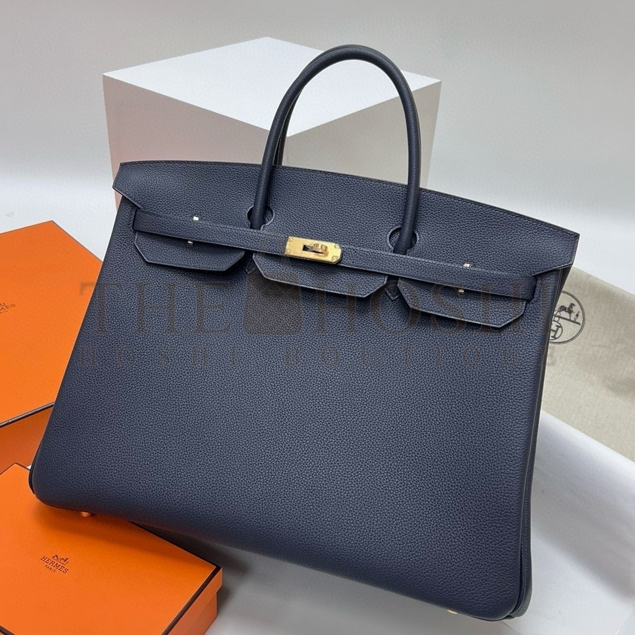 H**me5 Birkin 40 Retourne Handmade Bag In Blue Nuit Clemence Leather Master Quality