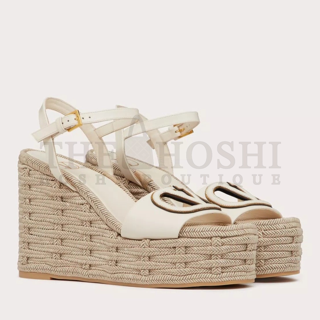 Va1e*ntin0 VLogo Cut-out Espadrille Wedge Sandals in White Leather Master Quality