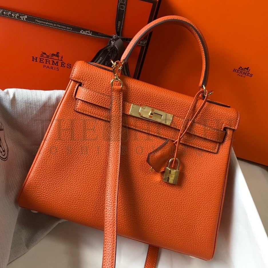 H**me5 Kelly 28cm Retourne Bag in Orange Clemence Leather GHW Master Quality
