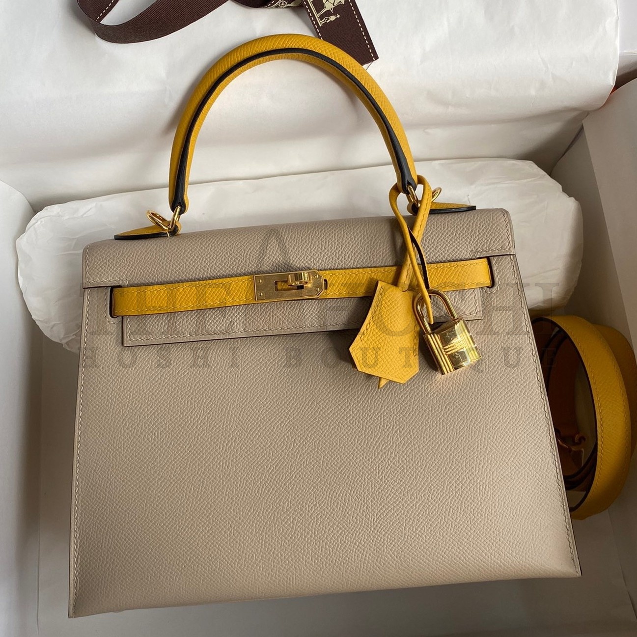 H**me5 Kelly Sellier 25 Bicolor Bag in Trench and Yellow Epsom Calfskin Master Quality