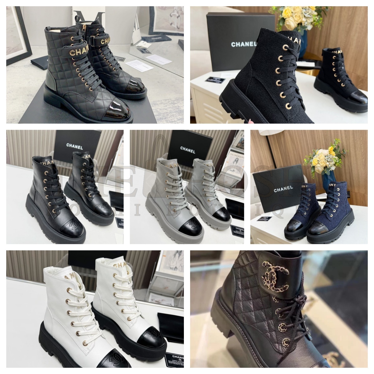 Ch**el  Shiny Lambskin Quilted Lace Up Combat Boots Master Quality