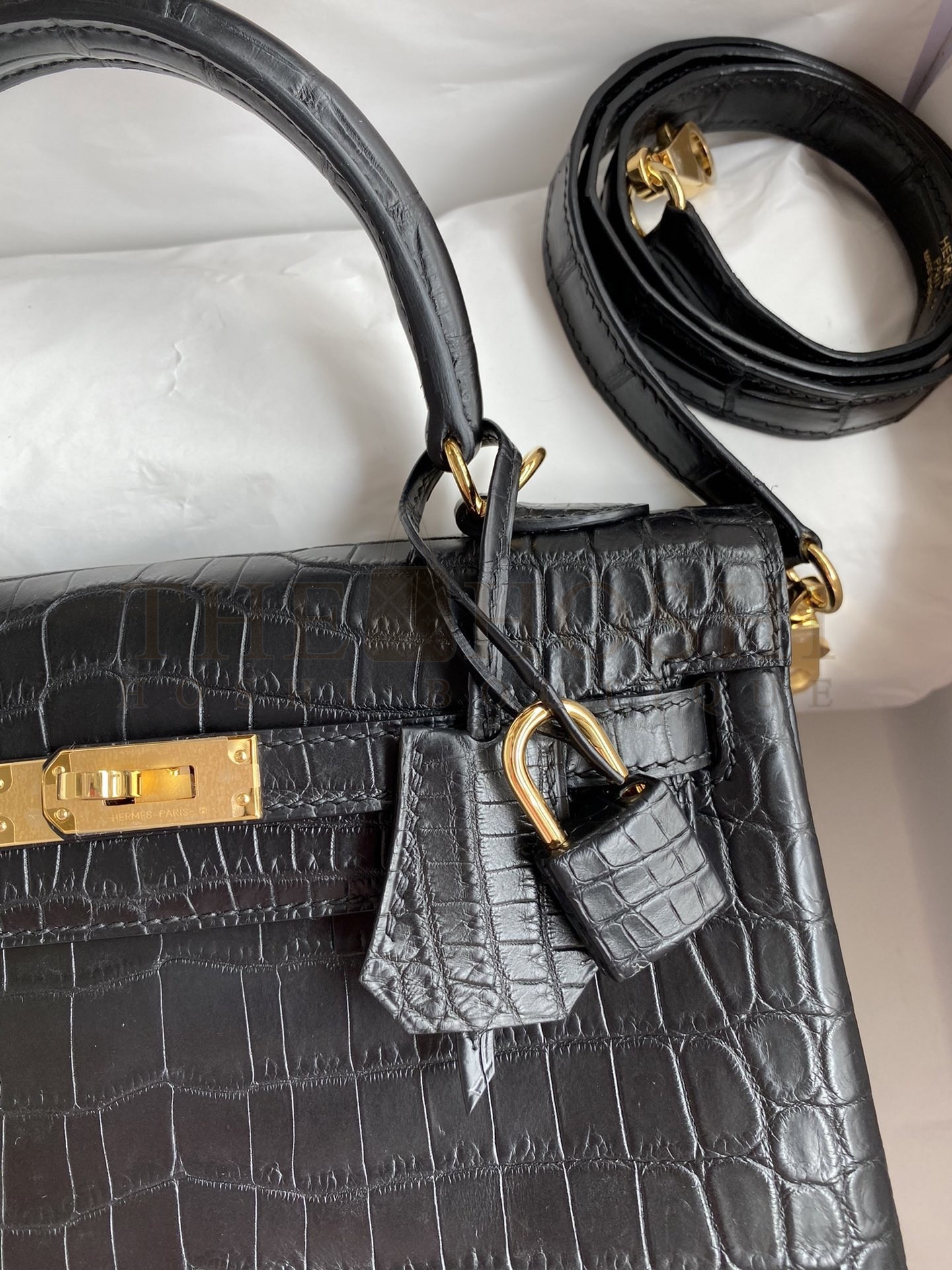 H**me5 Kelly Sellier 25 Handmade Bag In Black Crocodile Niloticus Matte Skin Master Quality