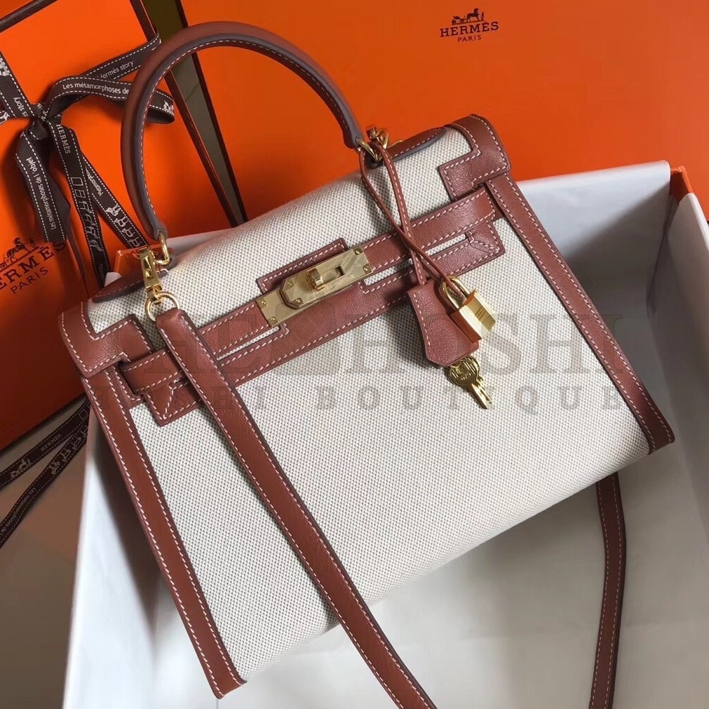 H**me5 Kelly 28cm Sellier Bag In Canvas With Barenia Leather Master Quality