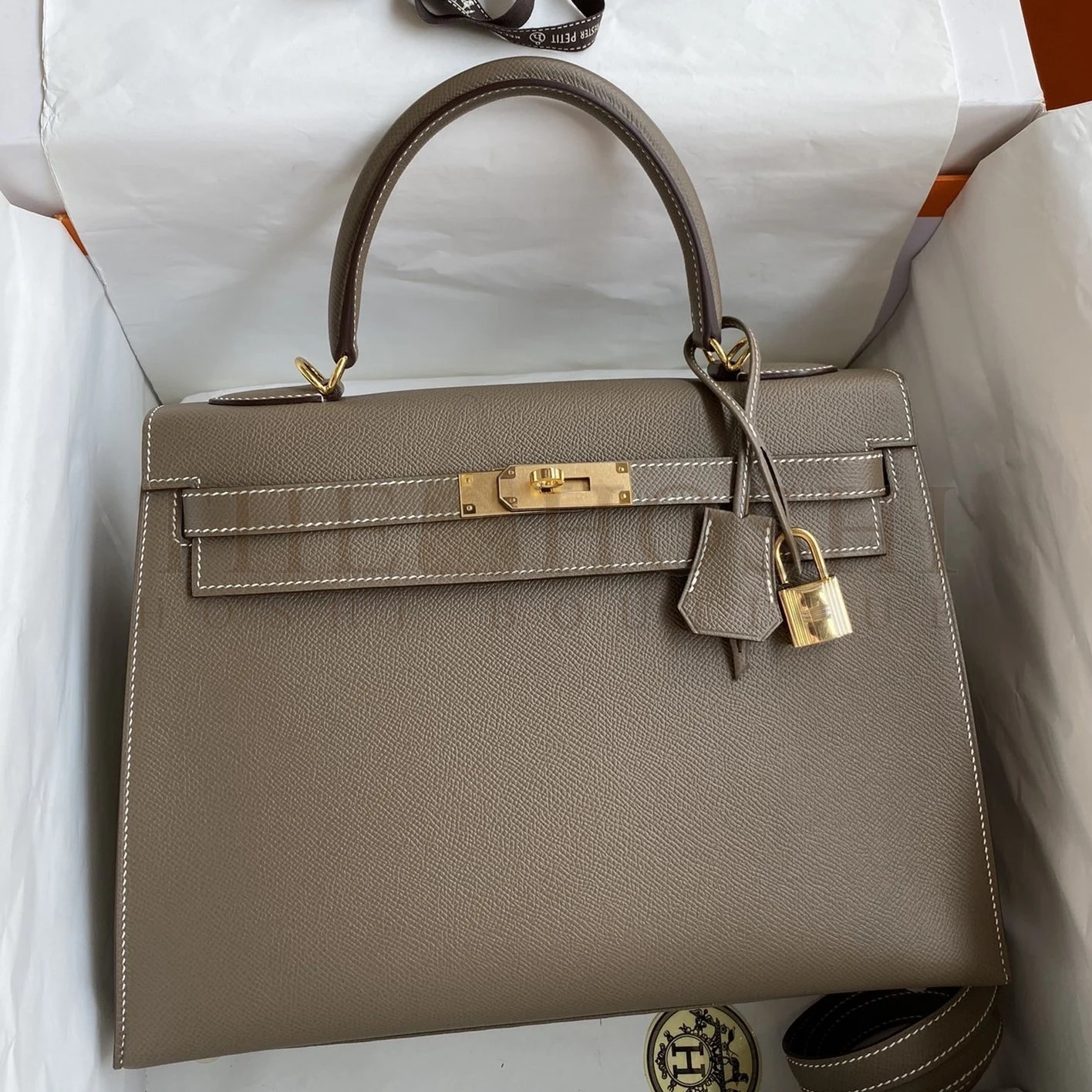 H**me5 Kelly Sellier 32 Handmade Bag In Taupe Epsom Calfskin Master Quality