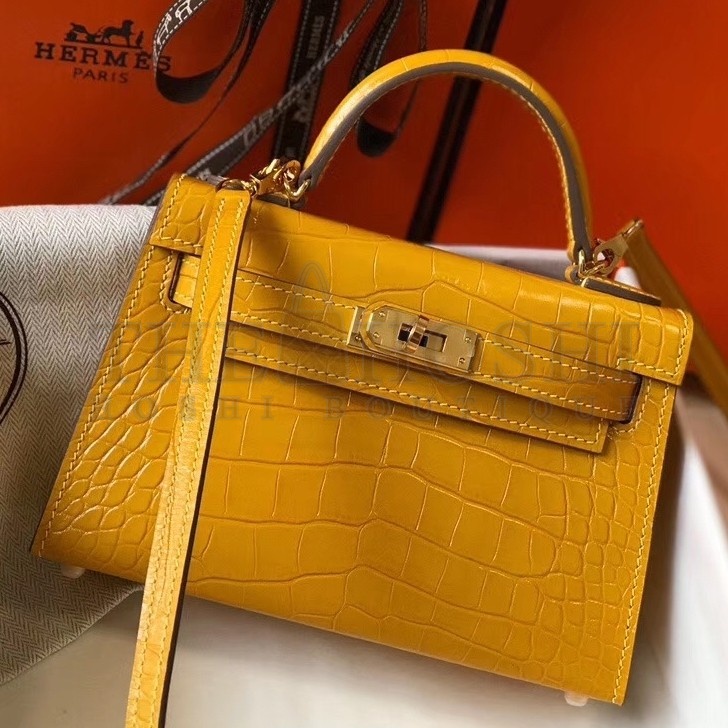 H**me5 Kelly Mini II Bag In Yellow Crocodile Embossed Leather Master Quality