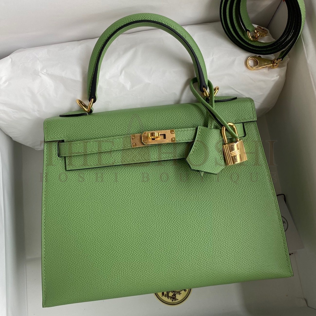 H**me5 Kelly Sellier 25 Handmade Bag In Vert Criquet Epsom Calfskin Master Quality