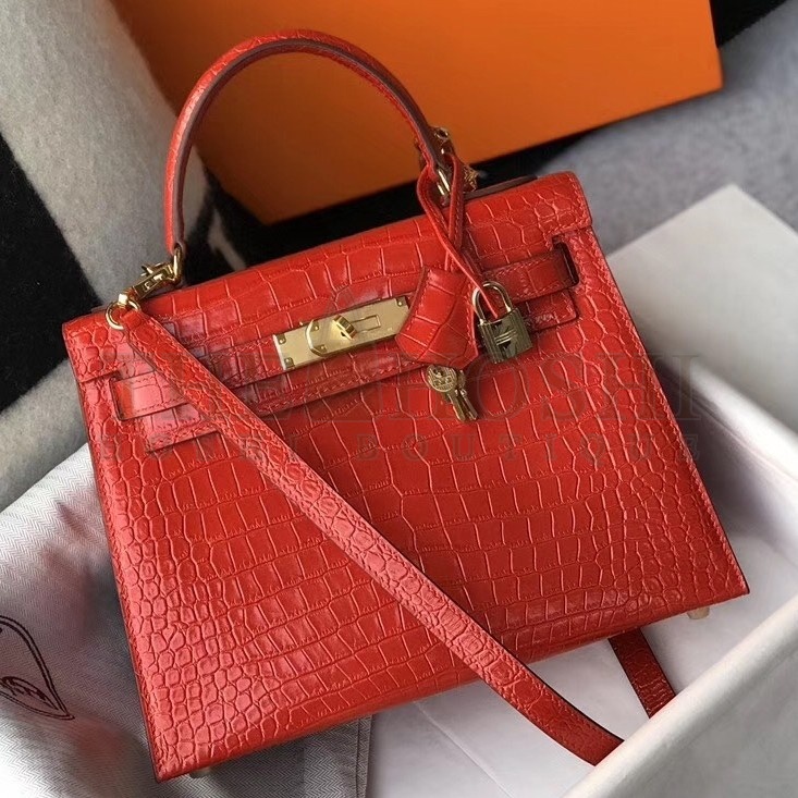 H**me5 Kelly 28cm Bag In Red Embossed Crocodile GHW Master Quality